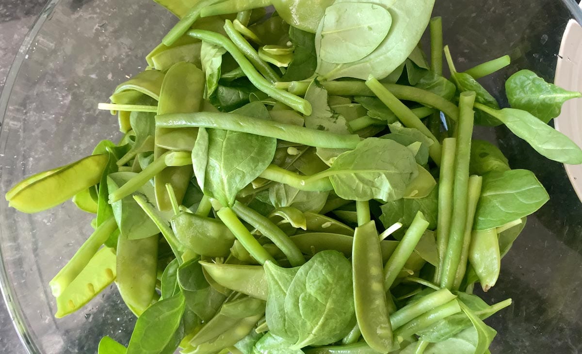 French beans snow peas and spinach