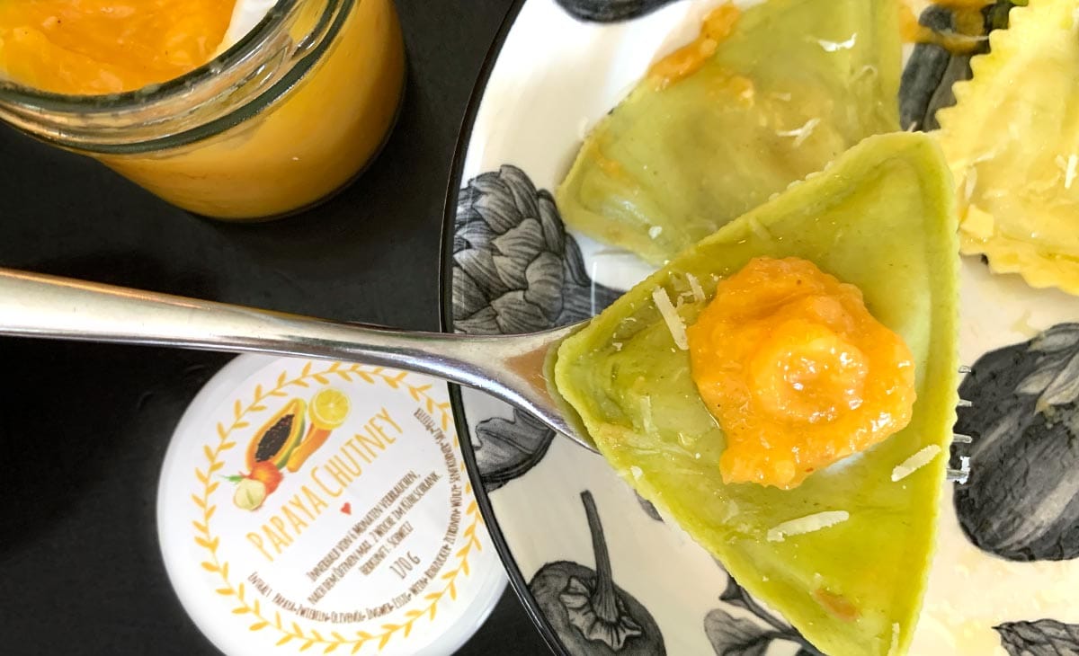 Papaya Chutney with Spinach Raviolis